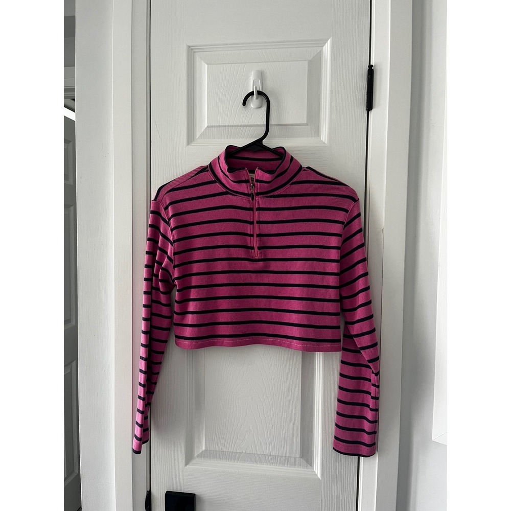 LLBean Women's Pink Navy Stripe Quarter Zip Crop‎ Sweatshirt Size Small